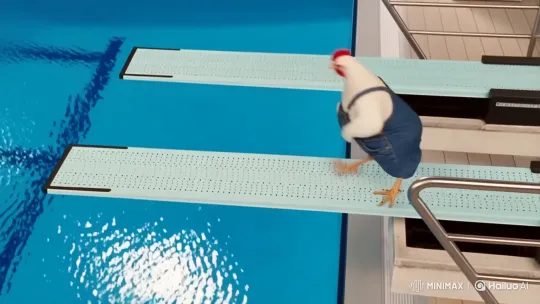 Comedic Chicken Dives into Pool at Olympics – AI Generated Video | Hailuo AI