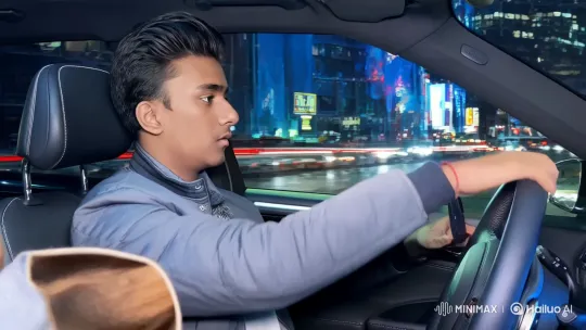 Focused Young Man Drives Luxuriously Through Bustling Cityscape – AI Generated Video | Hailuo AI