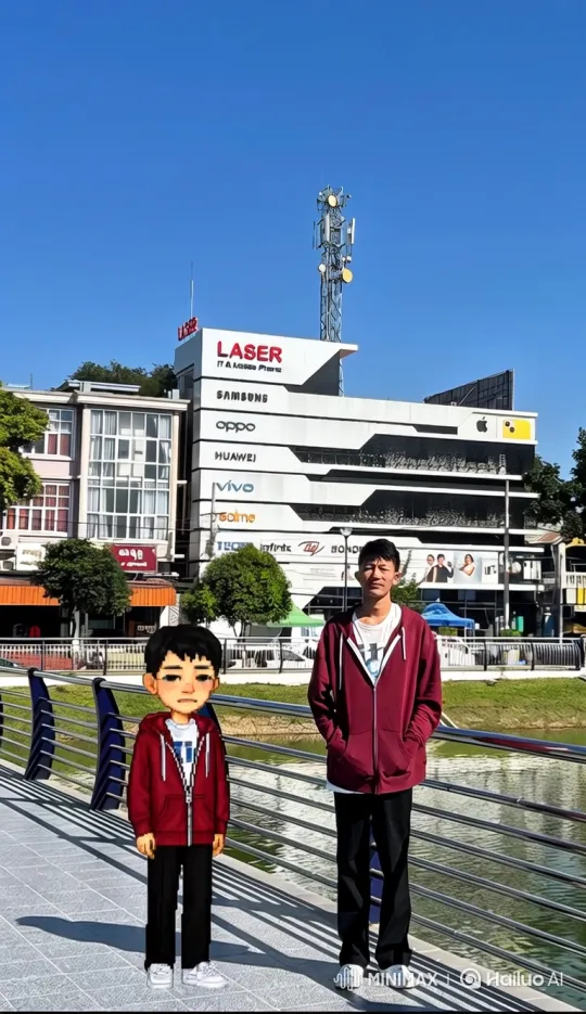 Man and Avatar Stand on Waterfront Promenade – AI Generated Video | Hailuo AI
