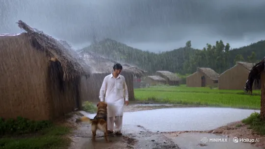 Pakistani Man and Dog Laugh in Rainy Village – AI Generated Video | Hailuo AI