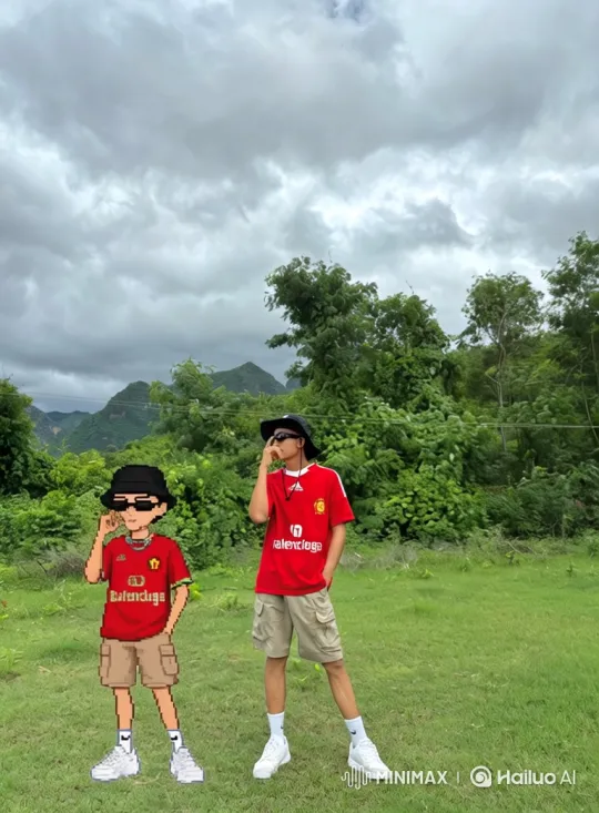 Young Man and His Pixelated Clone Pose in a Field – AI Generated Video | Hailuo AI