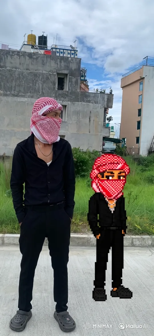 Person and Pixelated Stand Side-by-Side in 180-Degree Shot – AI Generated Video | Hailuo AI