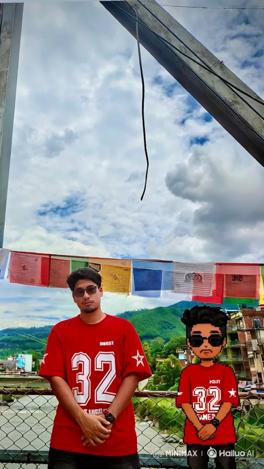 Young Man and Pixelated Self on Bridge - 180-Degree Orbit Shot – AI Generated Video | Hailuo AI