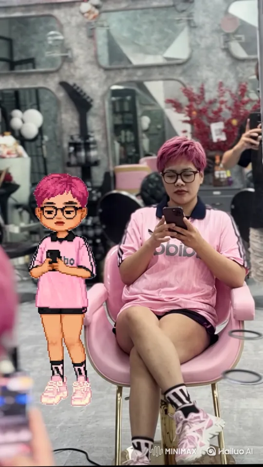 Modern Salon Scene with Person and Pixel Art Double – AI Generated Video | Hailuo AI