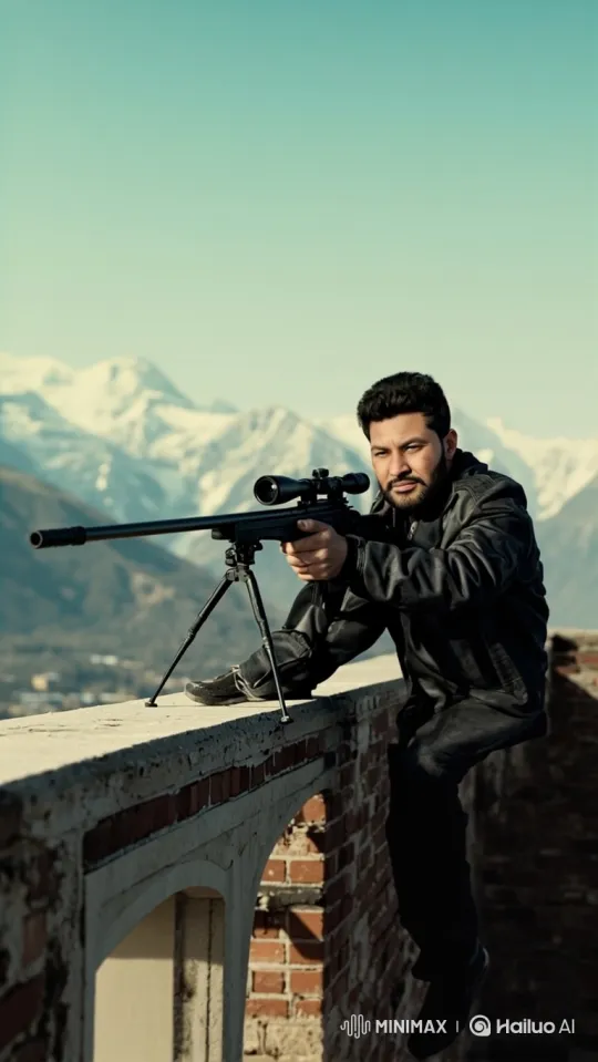 Silent Sniper: A Man and His Precision Rifle on a Snowy Rooftop – AI Generated Video | Hailuo AI