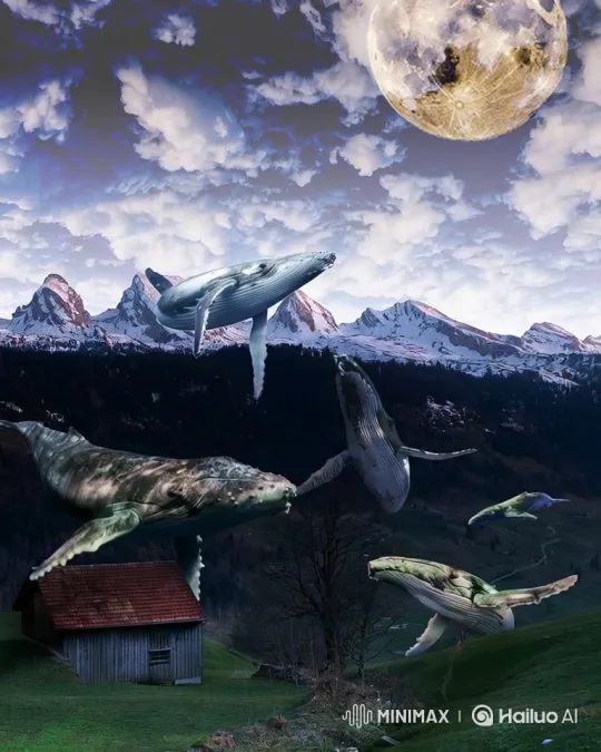 Whales Gliding Through Sky Above Tranquil Landscape – AI Generated Video | Hailuo AI