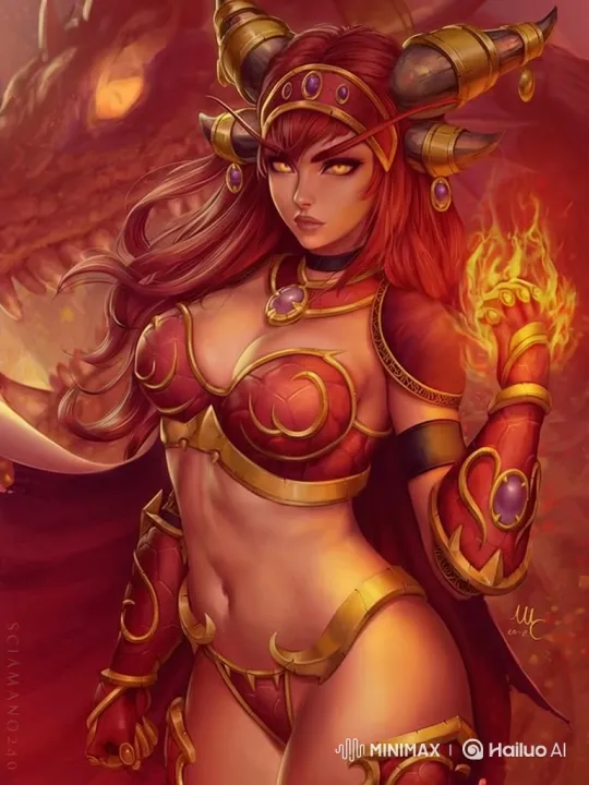 Powerful Female Figure with Dragon in Fiery Scene – AI Generated Video | Hailuo AI