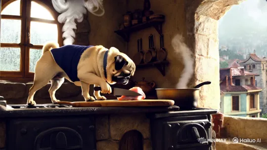 Pug Chef Cooks in Ancient Kitchen with Graceful Camera Movement – AI Generated Video | Hailuo AI