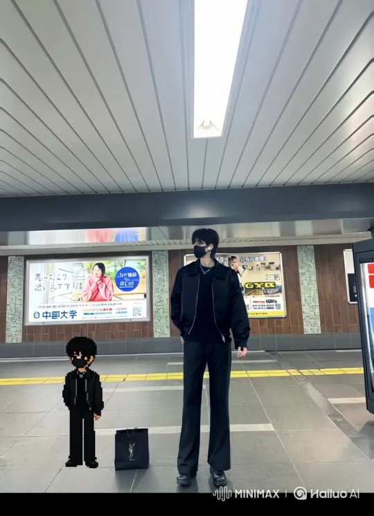 Young Man and Pixelated Double on Station Platform – AI Generated Video | Hailuo AI