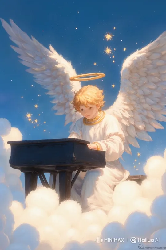 Young Angel Plays Celestial Piano in Starry Sky – AI Generated Video | Hailuo AI