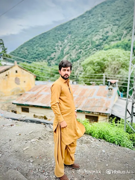 Young Man in Mustard Tunic Smiles on Mountain Slope – AI Generated Video | Hailuo AI