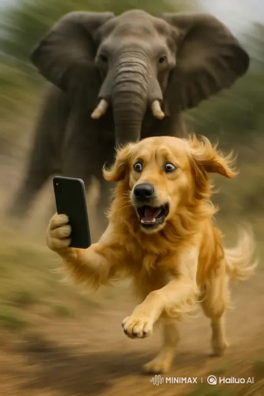 Dog Escapes Charging Elephant with Phone – AI Generated Video | Hailuo AI