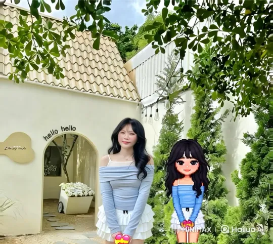 Young Woman and Pixel Self in Sunlit Courtyard – AI Generated Video | Hailuo AI