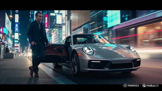 Young Man Enters Porsche Amidst City's Neon Glow – AI Generated Video | Hailuo AI