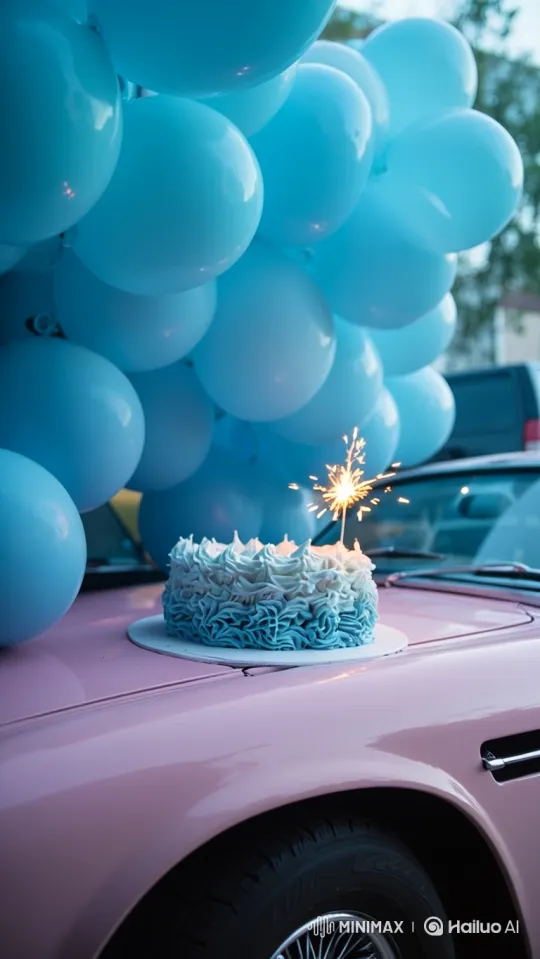 Stylish Woman Drives Away with Balloons and Cake on Pink Car – AI Generated Video | Hailuo AI