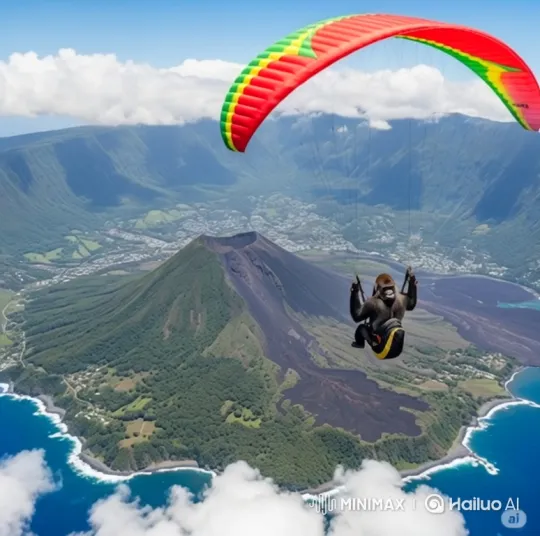 Aerial Adventure: Gorilla Paragliding Over a Volcanic Island – AI Generated Video | Hailuo AI
