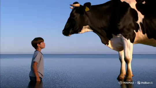 Cow and Boy Argue on Unyielding Sea Surface – AI Generated Video | Hailuo AI