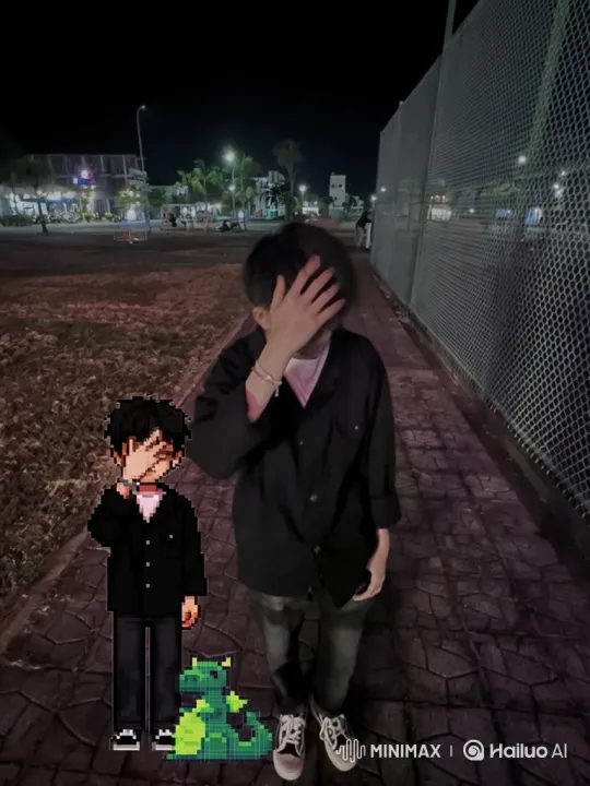 Nighttime Pixelated Figure on a Paved Path – AI Generated Video | Hailuo AI