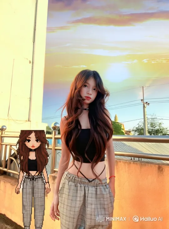 Young Woman and Pixel Art Standoff in Sunset Balcony Scene – AI Generated Video | Hailuo AI