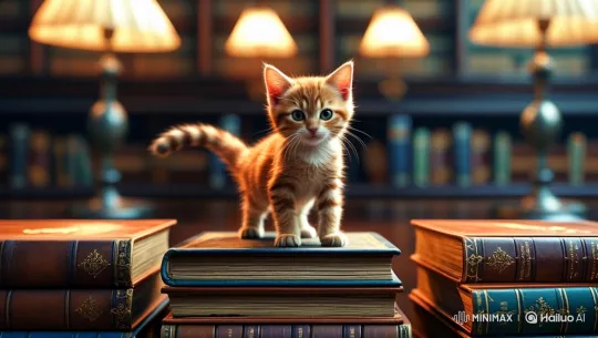 Ginger Kitten's Curious Adventure in a Cozy Library – AI Generated Video | Hailuo AI