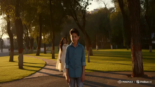 Golden Hour: Boy and Girl Meet in Peaceful Park – AI Generated Video | Hailuo AI