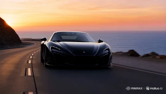 Sleek Sports Car Drives on Coastal Road at Sunset – AI Generated Video | Hailuo AI