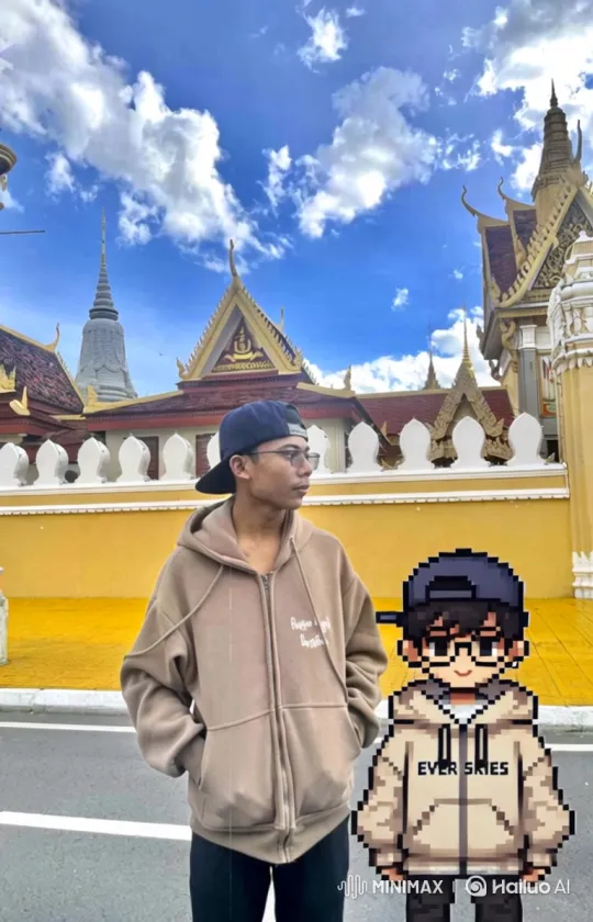 Young Man and Avatar Stand Before Grand Building – AI Generated Video | Hailuo AI