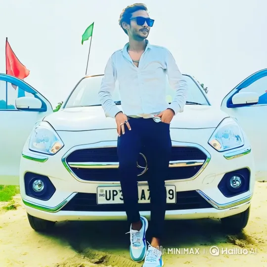 Stylish Man Smiles by Car, Flags Fluttering – AI Generated Video | Hailuo AI