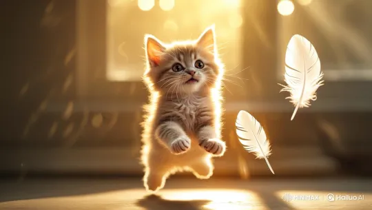 Fluffy Kitten Plays with Feathers on Sunlit Table – AI Generated Video | Hailuo AI