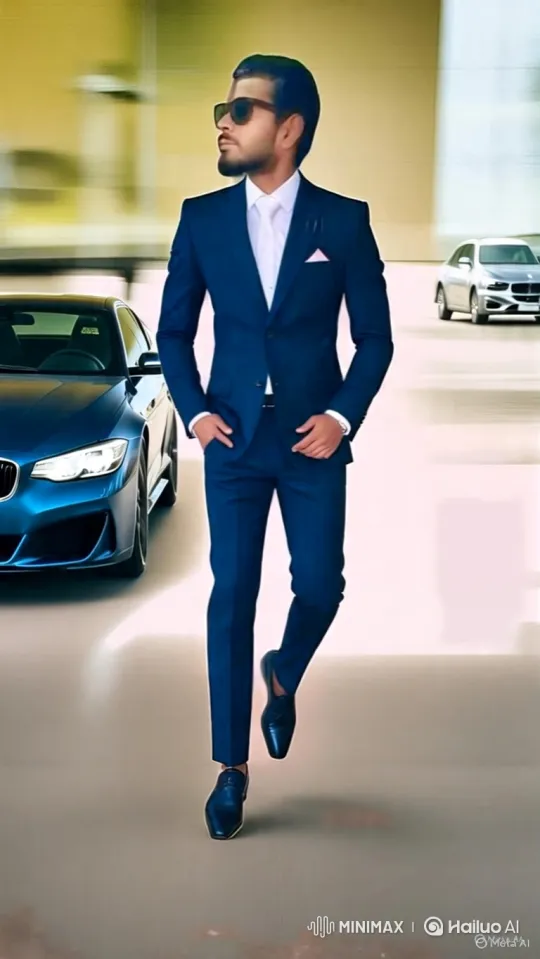 Stylish Man in Navy Blue Suit Walks Confidently Down the Street – AI Generated Video | Hailuo AI