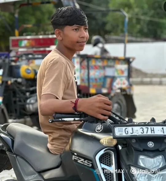 Young Man on Motorcycle with Friendly Gaze – AI Generated Video | Hailuo AI