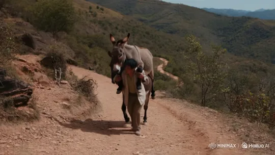 Man Carries Donkey on Mountain Path – AI Generated Video | Hailuo AI