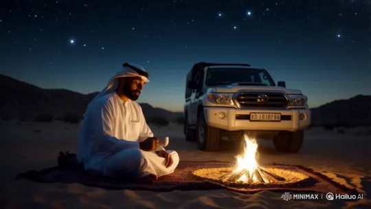 Khaleeji Man Enjoying Desert Night with Tea – AI Generated Video | Hailuo AI