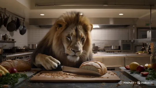 Male Lion Slices Bread with Precision in Professional Kitchen – AI Generated Video | Hailuo AI