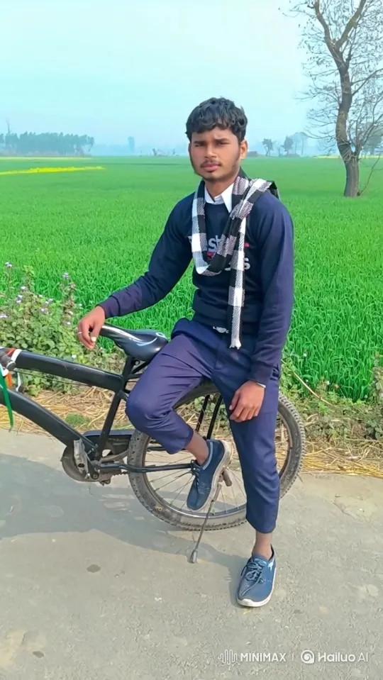 Young Man in Field with Swaying Grass and Bicycle – AI Generated Video | Hailuo AI