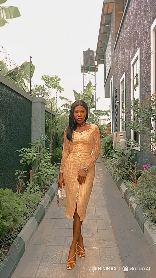 Elegant Woman in Golden Dress Walks Confidently – AI Generated Video | Hailuo AI