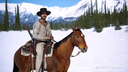Resolute Cowboy Braving the Snowy Wilderness – AI Generated Video | Hailuo AI