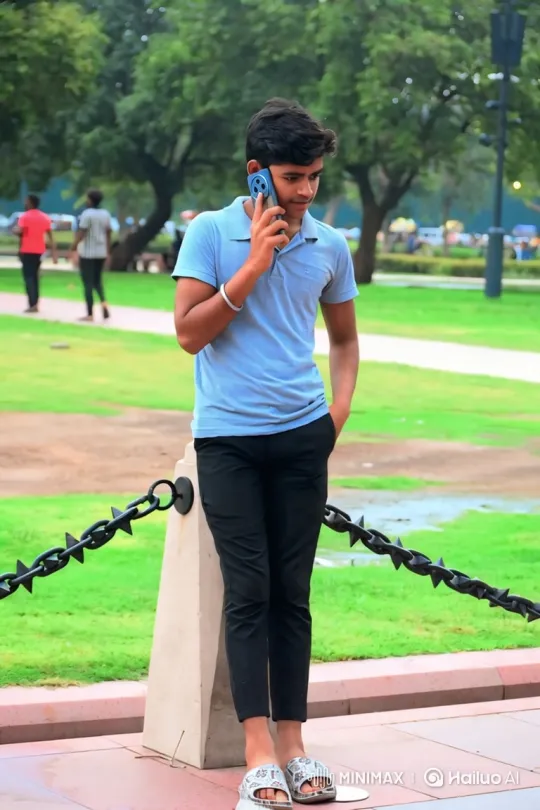 Young Man on Phone in Park with Soft Background – AI Generated Video | Hailuo AI