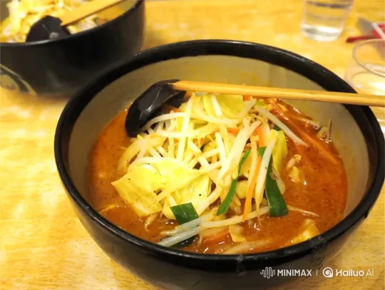 Man Enjoying Noodle Soup with Playful Grin – AI Generated Video | Hailuo AI