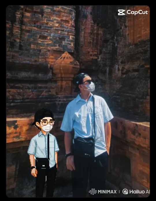 Man and Pixelated Figure Contemplate Ancient Ruins – AI Generated Video | Hailuo AI