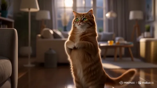 Ginger Cat Gracefully Dancing in Sunlit Living Room – AI Generated Video | Hailuo AI