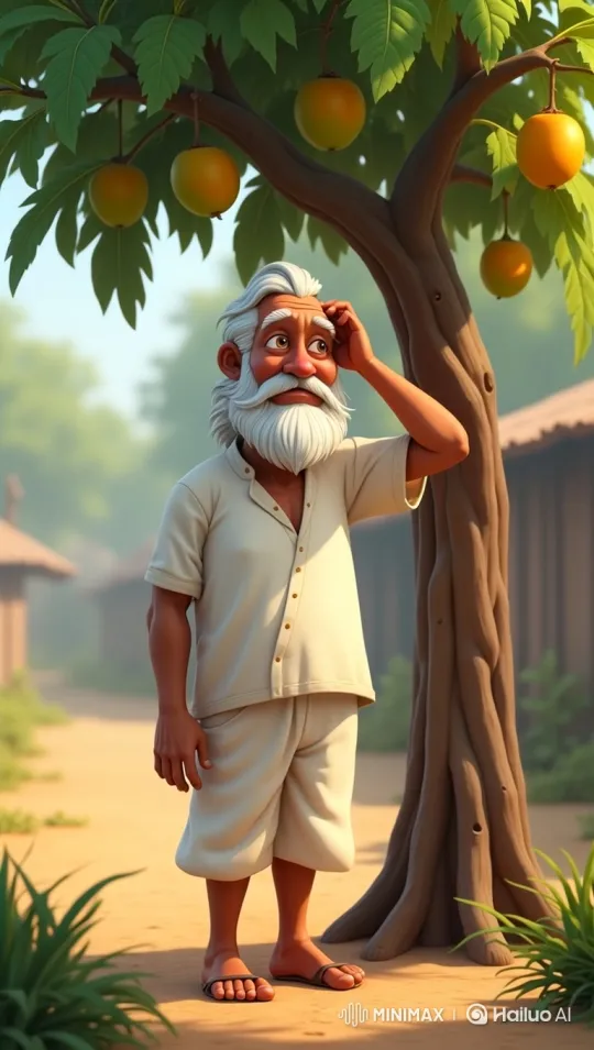 Elderly Man Reflects on Fruitless Tree in Quiet Village – AI Generated Video | Hailuo AI