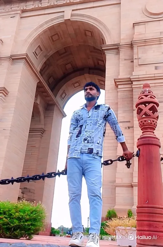 Man in Thoughtful Pose Before Stone Archway – AI Generated Video | Hailuo AI