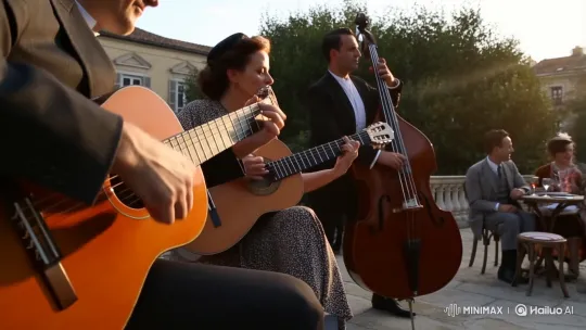 Manouche Jazz Trio Performs on European Terrace – AI Generated Video | Hailuo AI
