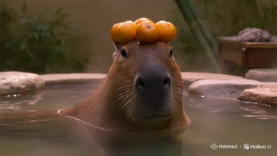 Capybara Relaxing in Japanese Hot Spring with Oranges – AI Generated Video | Hailuo AI