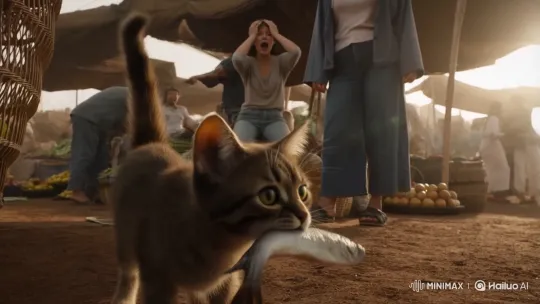 Scruffy Cat Steals Fish, Flees Through Crowded Market – AI Generated Video | Hailuo AI