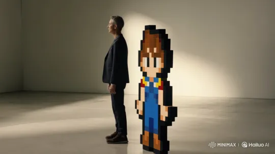Real Person Stands with Pixel Doppelgänger in 180-Degree Arc Shot – AI Generated Video | Hailuo AI