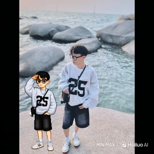 Young Man and Pixel Self by the Sea - 180-Degree Orbit – AI Generated Video | Hailuo AI