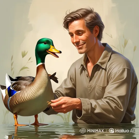 Man Feeds Ducks in Tranquil Water Scene – AI Generated Video | Hailuo AI