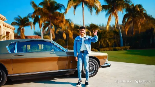 Confident Young Man Poses by Luxury Car in Vibrant Setting – AI Generated Video | Hailuo AI